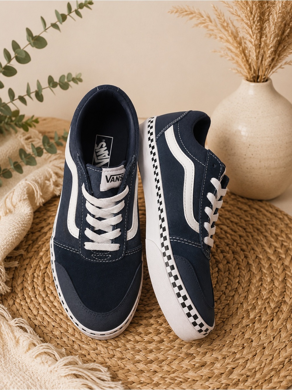 Vans Men’s Navy & White Old Skool Sneakers with Checkerboard Trim